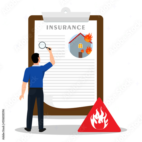 Young man checking document of house firing insurance. Concept of fire insurance police, Real estate damage coverage, fire workplace inspection.
