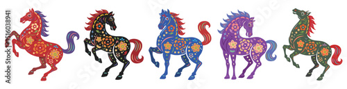 2026 Chinese New Year Zodiac set, Traditional Colorful Paper Cut Style Horse with Floral Patterns on White