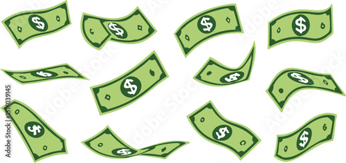 Falling dollar banknotes icon, money rain isolated on white background. money business concept, American dollar falling set. USD paper notes flying in the air.
