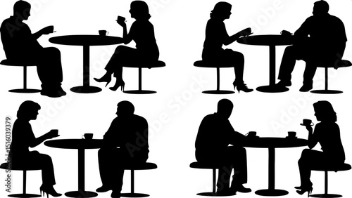 "Graphic black silhouettes of various couples of different ages and ethnicities seated at circular café tables. They are shown in profile or facing each other, conversing or holding cups, in a minimal