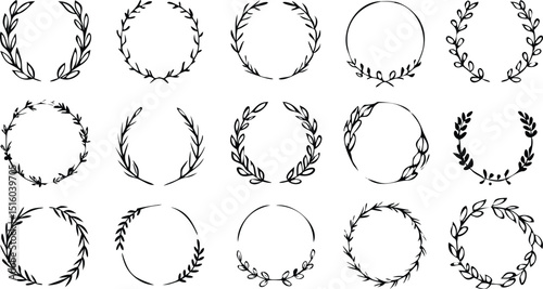 Collection of different black and white silhouette circular laurel foliate and oak, wreaths depicting an award, heraldry, achievement, victory, crown, winner, ornate,Vector icon illustration.
