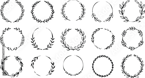 Collection of different black and white silhouette circular laurel foliate and oak, wreaths depicting an award, heraldry, achievement, victory, crown, winner, ornate,Vector icon illustration.