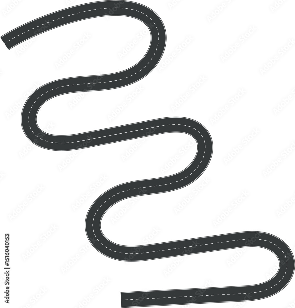 Fototapeta premium Wavy Curve road. Top view of racetrack. Winding road from top view vector illustration. Empty highway asphalt road, Ariel View Road, Empty highway black asphalt road with dividing lines.