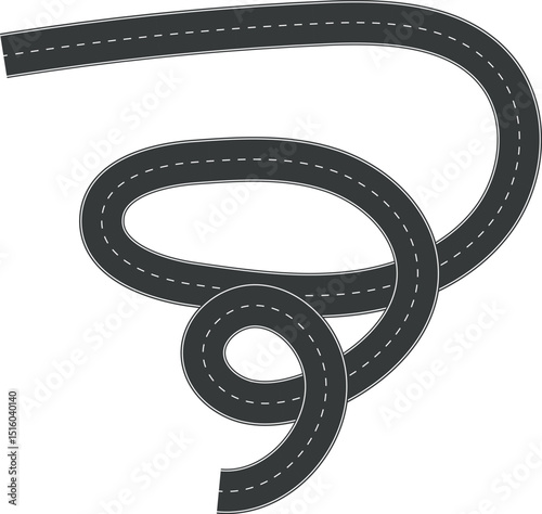 Wavy Curve road. Top view of racetrack. Winding road from top view vector illustration. Empty highway asphalt road, Ariel View Road, Empty highway black asphalt road with dividing lines.