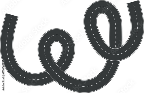 Wavy Curve road. Top view of racetrack. Winding road from top view vector illustration. Empty highway asphalt road, Ariel View Road, Empty highway black asphalt road with dividing lines.