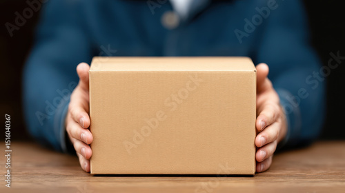 Person in blue jacket holds plain cardboard box with both hands, sitting at wooden table, with dark background