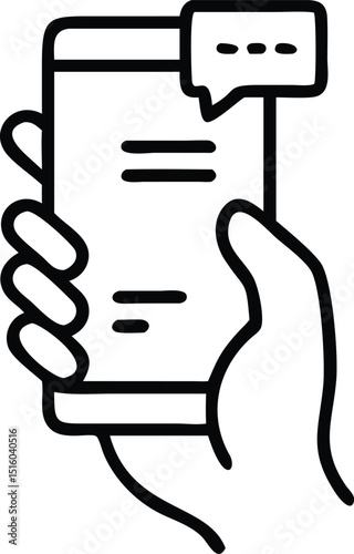hand holding his phone icon, hand texting to someone on a message app, typing with a speech bubble, Editable stroke, vector illustration
