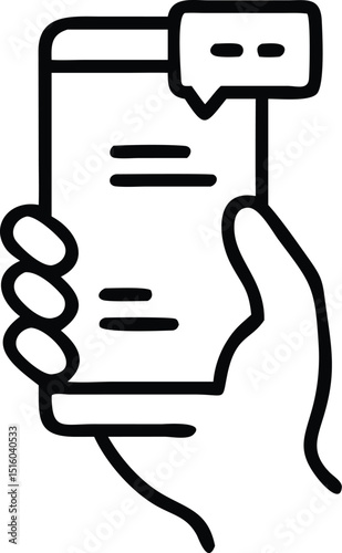 hand holding his phone icon, hand texting to someone on a message app, typing with a speech bubble, Editable stroke, vector illustration
