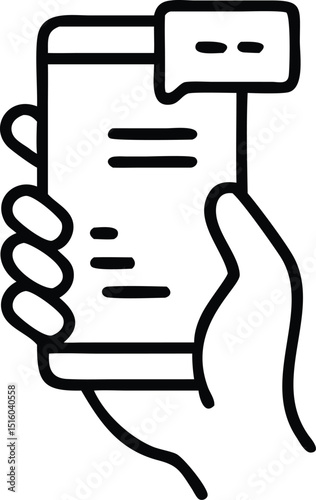 hand holding his phone icon, hand texting to someone on a message app, typing with a speech bubble, Editable stroke, vector illustration
