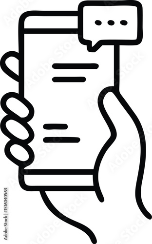 hand holding his phone icon, hand texting to someone on a message app, typing with a speech bubble, Editable stroke, vector illustration