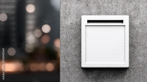 Image shows white, modern mailbox mounted concrete wall with blurred cityscape background, creating sleek urban aesthetic