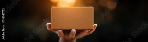 Hand holding small cardboard box outdoors during sunset, warm lighting creating soft glow, symbolizing giving or receiving