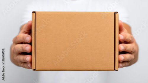 Person holding plain cardboard box with both hands, presenting it forward against neutral background, conveying delivery