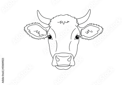 Cow face drawing. It is a detailed black and white outline sketch of a cow's face, showing its eyes, nose, and horns. Vector sketch line art draw.