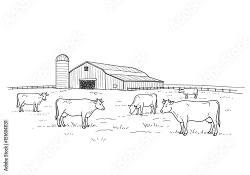 Cow farm drawing. It is a simple, black and white outline sketch of cows grazing in a field with a barn and silo. Vector sketch line art draw.