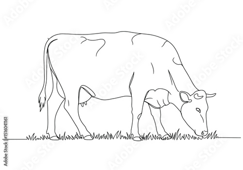 Cow grazing drawing. It is a simple, black and white outline sketch of a cow grazing on grass in a pasture. Vector sketch line art draw.