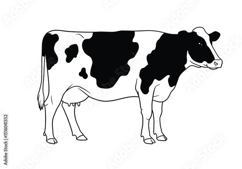 Holstein cow drawing. It is a simple, black and white outline sketch of a Holstein cow with its classic black and white spots. Vector sketch line art draw.
