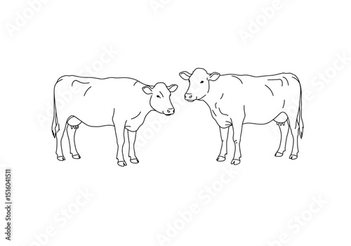 Two cow drawing. It is a simple, black and white outline sketch showing two cows standing and looking at each other. Vector sketch line art draw.
