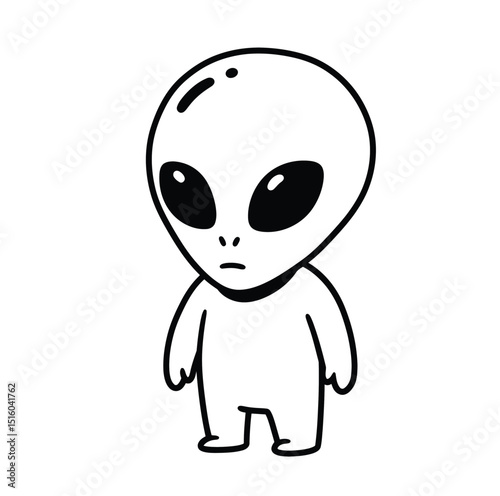 Alien cartoon drawing. It is a simple, black and white outline sketch of a cute extraterrestrial alien with large eyes. Vector sketch line art draw.