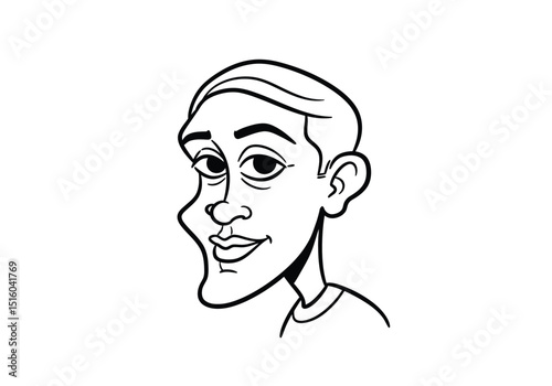 Caricature drawing. It is a black and white outline sketch of a man, emphasizing his exaggerated features for humorous effect. Vector sketch line art draw.
