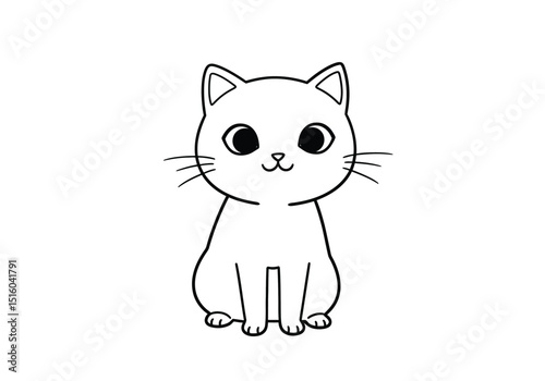 Cartoon cat drawing. It is a simple, black and white outline sketch of an adorable, wide-eyed cartoon cat sitting. Vector sketch line art draw.