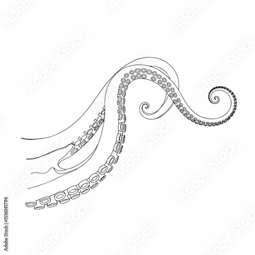 Octopus Tentacle Line Art: A delicate line art illustration of an octopus tentacle gracefully swirling with intricate detail, emphasizing its suction cups and fluid curves.