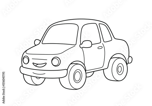 Cartoon car drawing. It is a simple, black and white outline sketch of a friendly animated car. Vector sketch line art draw.