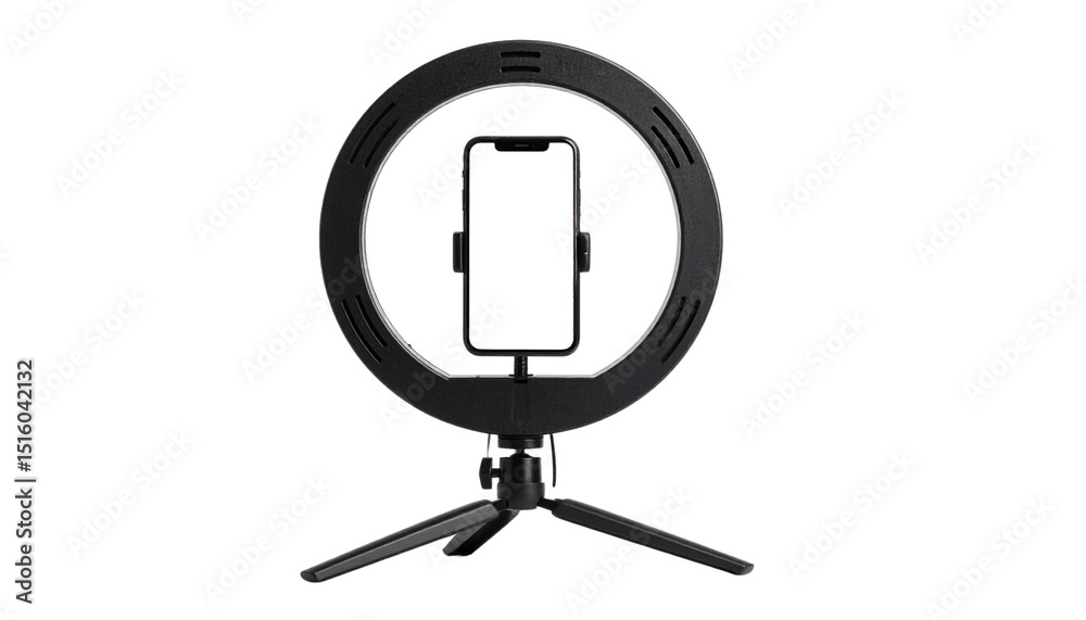 Smartphone Mounted on a Ring Light with Tripod for Video Recording or Live Streaming isolated on solid white background Png format 