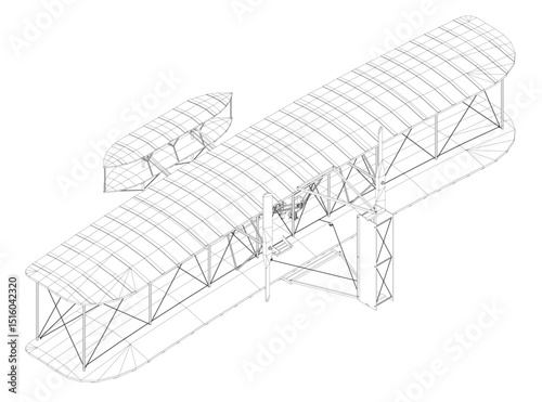 A drawing of a plane with a white background. The plane is a biplane with a large wing. Isometric view