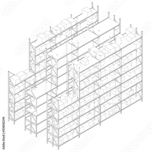 A series of shelves are shown in a 3D drawing. The shelves are made of metal and are stacked on top of each other. Concept of organization and efficiency. Isometric view