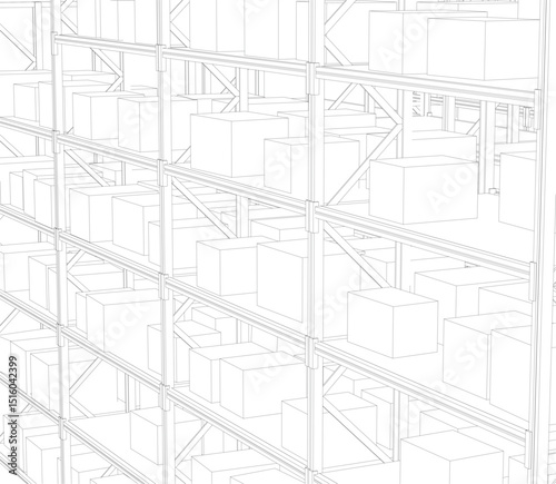 A white background with a black and white drawing of a warehouse with shelves. The shelves are filled with boxes and the boxes are stacked in a way that they are not touching each other