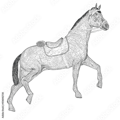 A horse is shown in a black and white drawing. The horse is standing with its head up and its legs spread out. The horse is wearing a saddle and he is galloping. The image has a sense of freedom