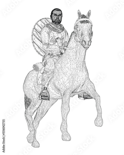 A man is riding a horse with a shield on his back. The man is wearing a helmet and a vest. The horse is white and has a black mane. The man is standing on the horse's back and is looking ahead