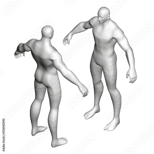 Two male figures are standing next to each other, one of them is holding his arm out. Scene is in black and white and the figures are very detailed. Scene is somewhat somber and serious. Isometric vie