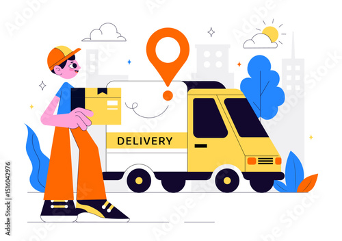 Courier or Delivery Service Vector Illustration Featuring Workers Delivering Goods Such as Food or Documents in Cardboard Package Boxes in Background
