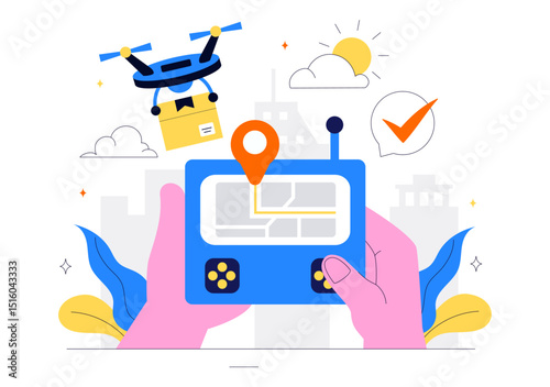 Courier or Delivery Service Vector Illustration Featuring Workers Delivering Goods Such as Food or Documents in Cardboard Package Boxes in Background