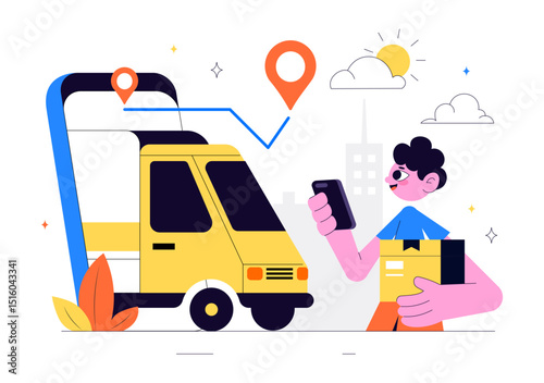 Courier or Delivery Service Vector Illustration Featuring Workers Delivering Goods Such as Food or Documents in Cardboard Package Boxes in Background