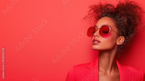 Fashionable woman wearing striking red sunglasses against a vibrant red background, exuding confidence and style, embodying modern trends in elegance and sophistication.