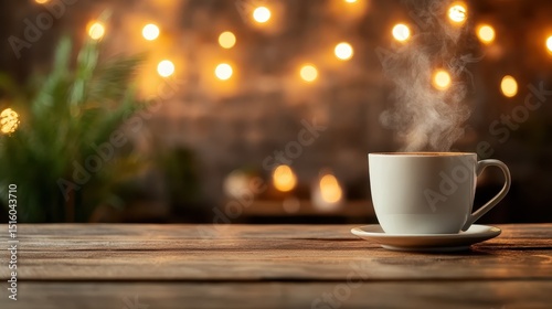 A warm cup of coffee emanating steam, beautifully positioned on a rustic wooden table, creating a cozy atmosphere perfect for relaxation, reflection, or social gatherings.
