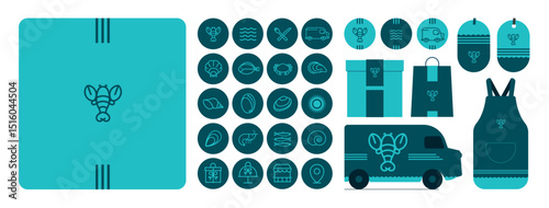 Image de marque pour un camion ambulant de fruits de mer, poissons, crustacés, viviers, criée, poissonnerie, marché, grossiste, branding, logo, icônes, emblème homard, symbole, Bretagne, pêche, mer