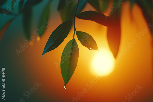A glowing dew drop clings to a green leaf at sunrise, captured in perfect macro focus, radiating purity and calm through minimalist, high-end visual storytelling.