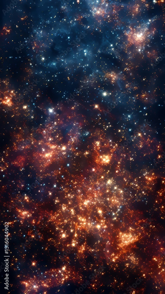 Naklejka premium deep field view of the early universe, ancient galaxy clusters with redshifted light, distorted cosmic structures like a shattered mirror, colorful distant nebulas, faint starlight traveling across bi