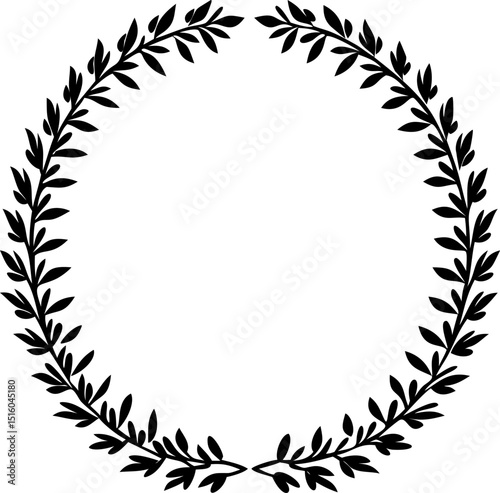Black and white laurel wreath vector frame illustration with ornate floral leaf branch design