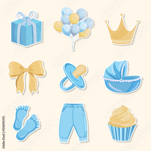 Cute baby boy stickers for Baby shower Blue and yellow kids party illustrations