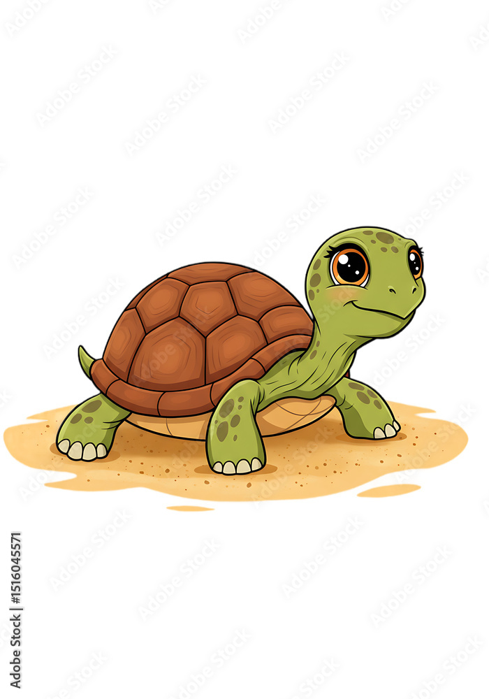 Obraz premium Cute Cartoon Tortoise Illustration on Sand png, transparent background