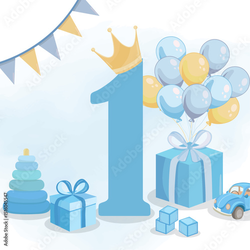 One year baby boy greeting card Cute blue illustrations Car toy presents balloons