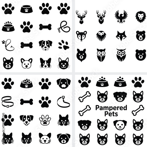 Cartoon vector pack of black cat animal silhouettes with various expressions for seamless design