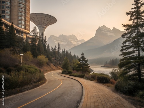 A Hyperrealistic Urban Landscape with Buildings and Mountains Over a Lake