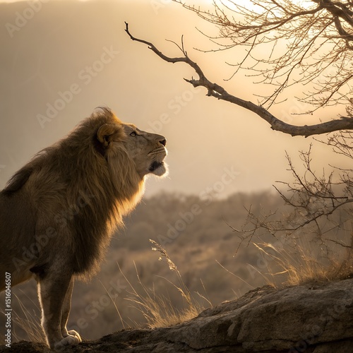 Majestic Lion: On a Rocky Outcrop at Sunset