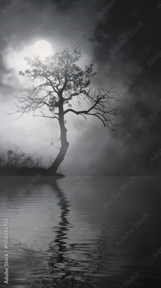 Obraz premium Misty night, lone tree, tranquil lake, moonlit scene, evokes serenity
